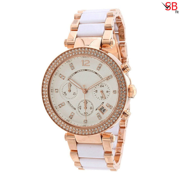 Stylish Rose Gold Double Stones Stainless Steel Watch For Women